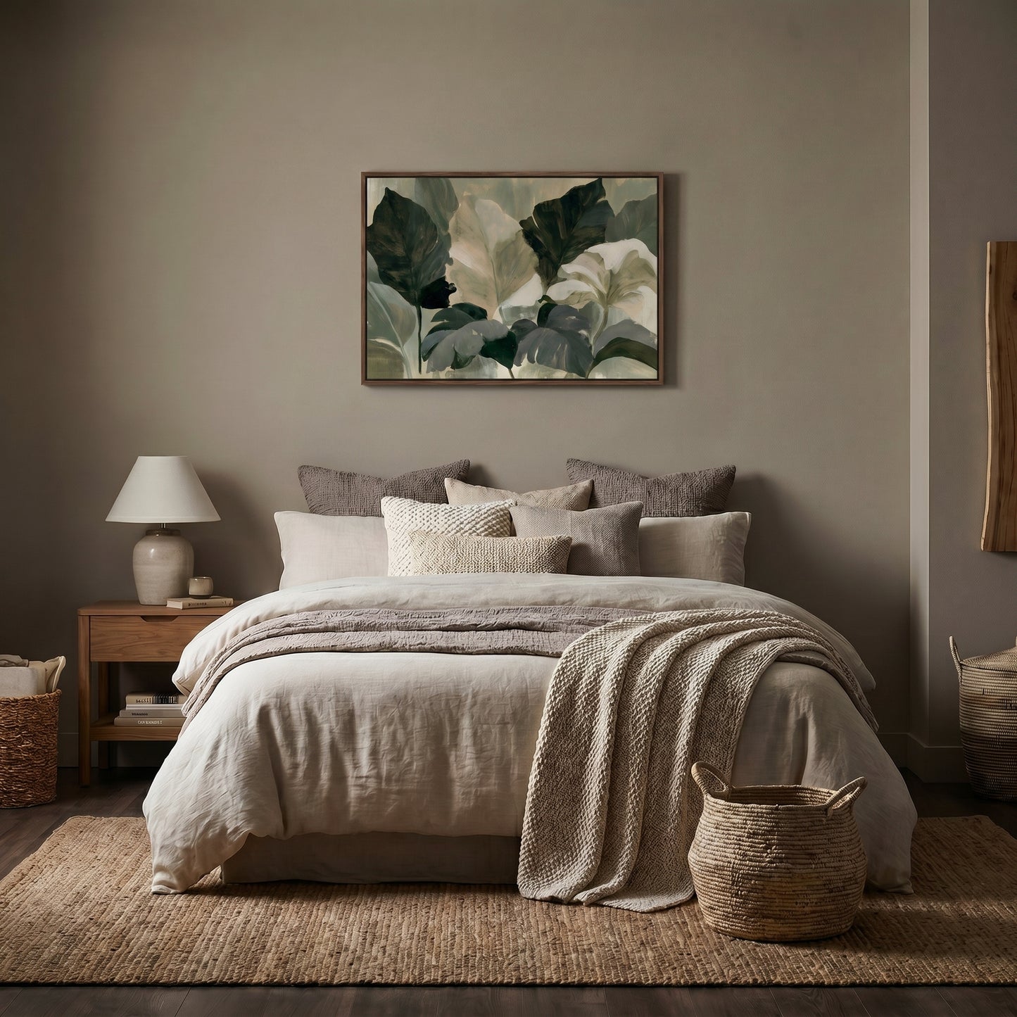 a serene and cozy bedroom with a large bed adorned with a gray and white blanket and a green and white leaf-patterned painting above it. The room features a wooden nightstand with a lamp, a woven basket, and a woven rug on the floor.