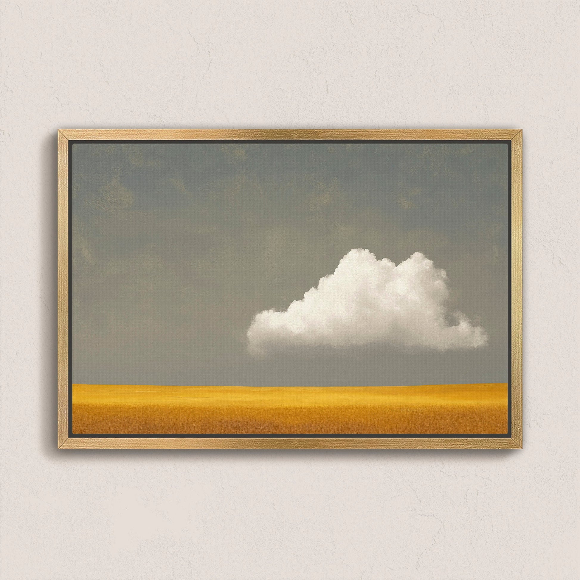 Mellow canvas print depicting a white cloud over a golden plain with muted gray sky in a natural wood frame