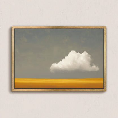Mellow canvas print depicting a white cloud over a golden plain with muted gray sky in a natural wood frame