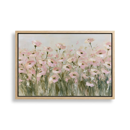 The image is a painting of a field of pink flowers.