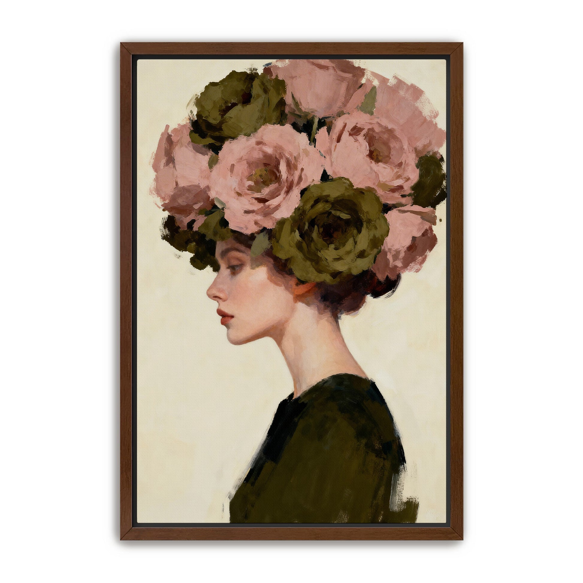 A woman with a large floral headdress is depicted in profile, wearing a green dress.
