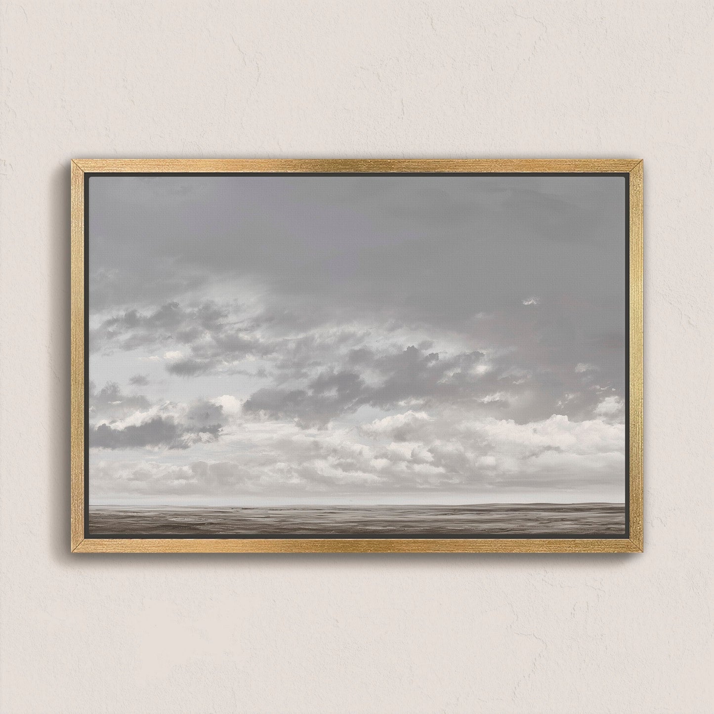 Duskfield canvas print featuring tranquil plain under gray clouds in neutral tones with natural wood frame