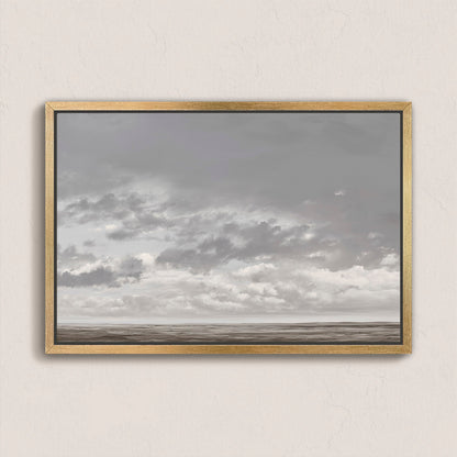 Duskfield canvas print featuring tranquil plain under gray clouds in neutral tones with natural wood frame