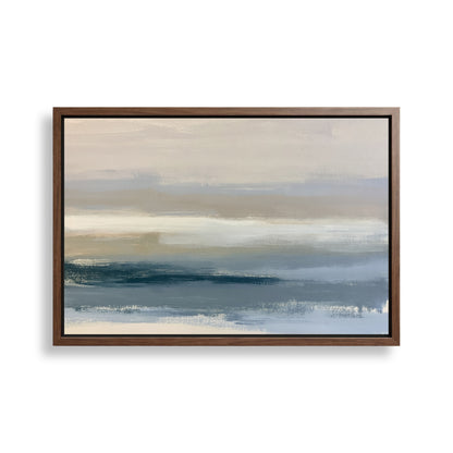The image is a framed abstract painting depicting a serene landscape with a body of water and a cloudy sky.
