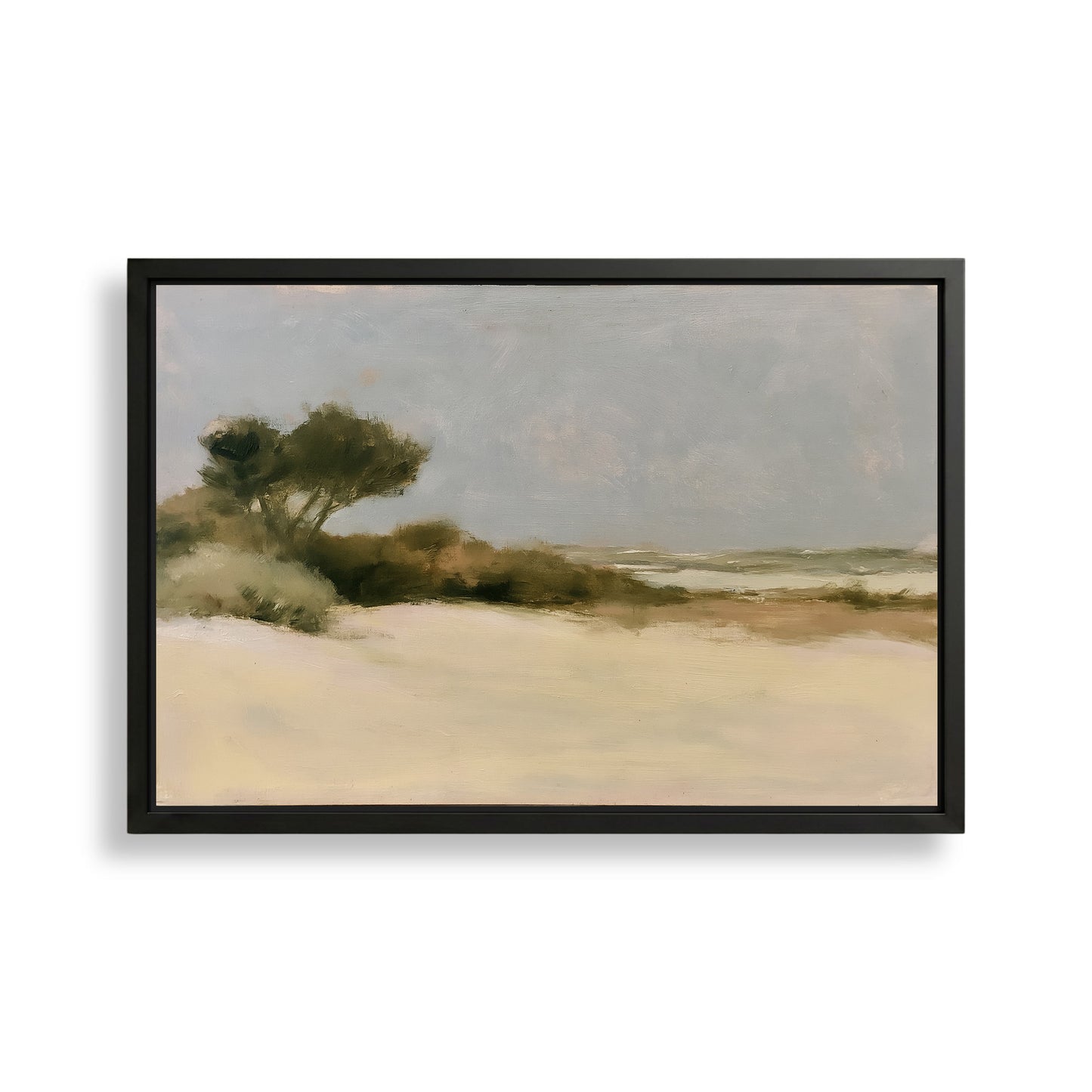 The image is a framed landscape painting depicting a serene beach scene with a sandy shore, trees, and a cloudy sky.