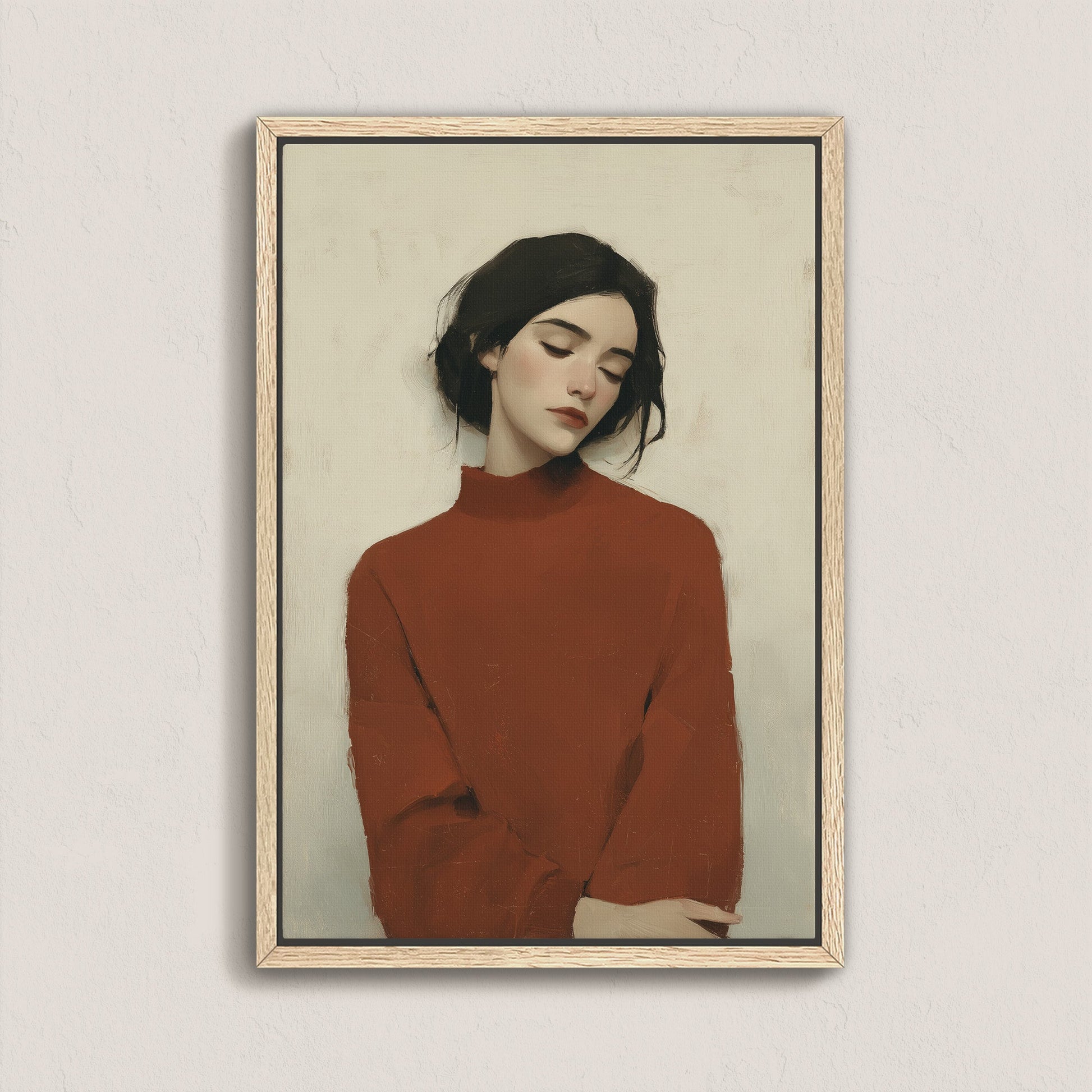 Madi canvas wall art of serene woman in deep red sweater with soft, reflective posture and muted tones in natural wood frame