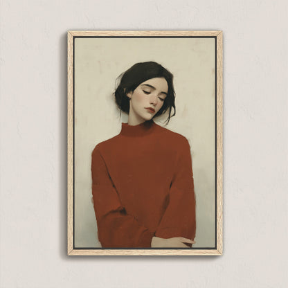 Madi canvas wall art of serene woman in deep red sweater with soft, reflective posture and muted tones in natural wood frame