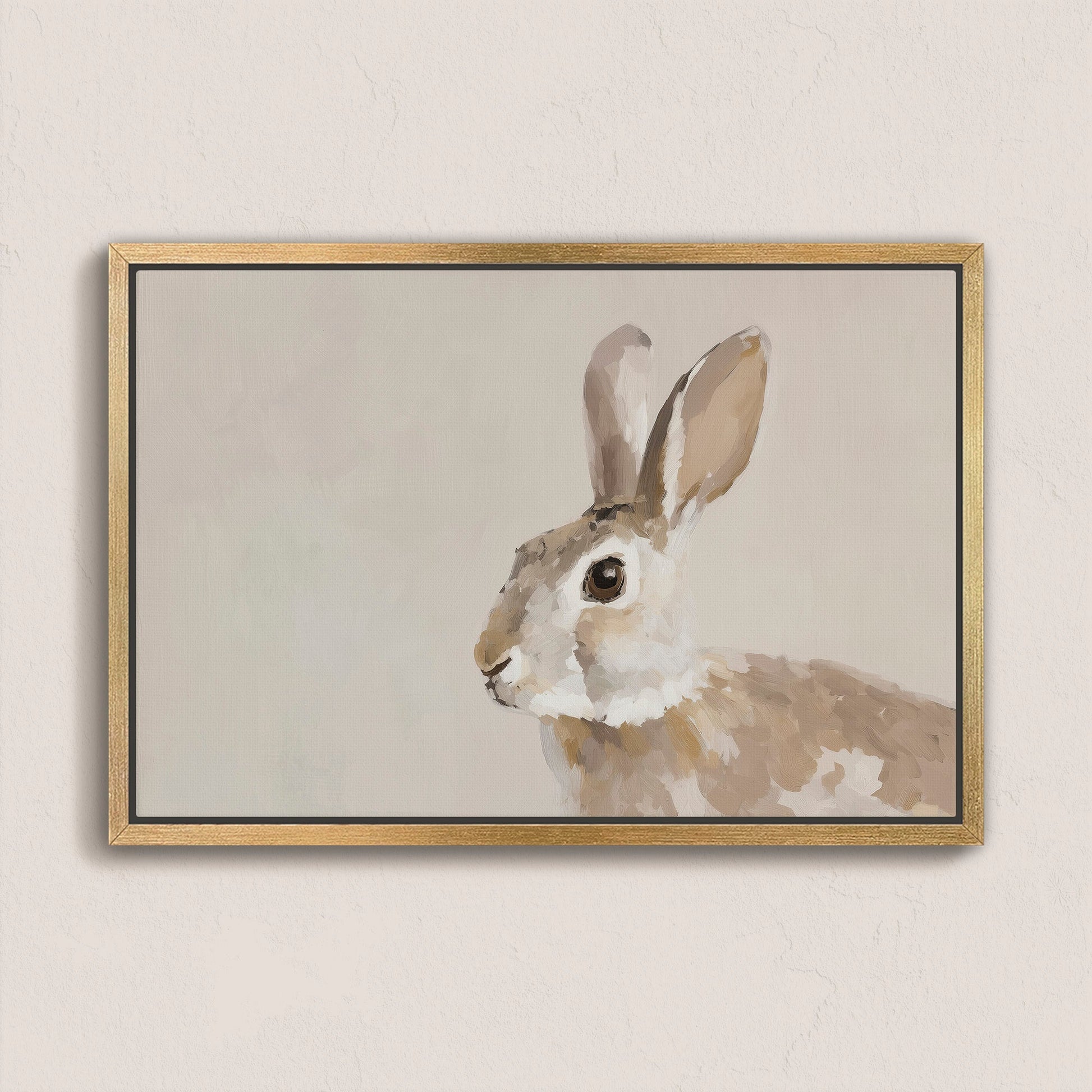 Clover Canvas Print featuring a minimalist rabbit in neutral tones with a gold frame, perfect for nature-inspired decor
