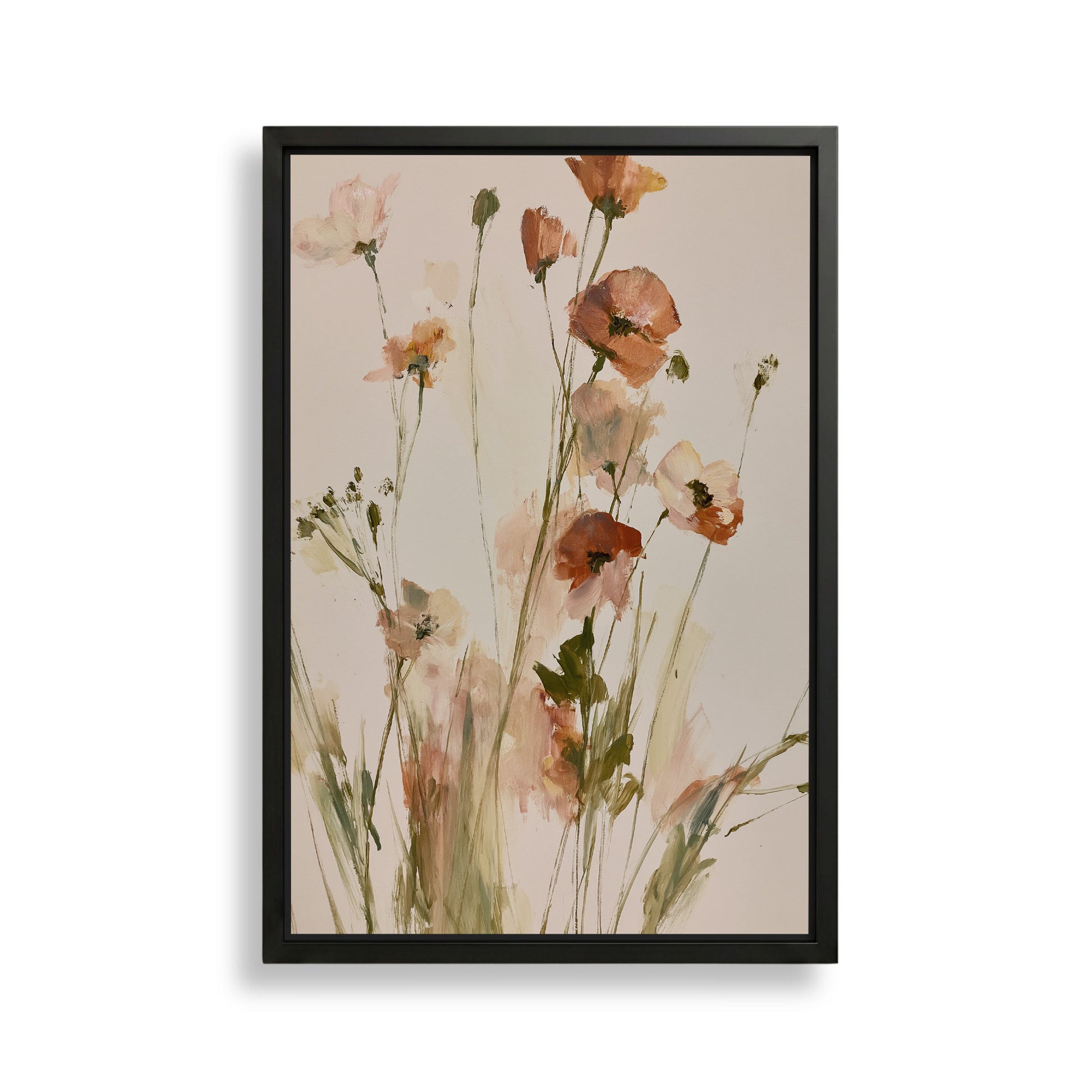 The image is a framed painting depicting a bouquet of flowers with various shades of pink and orange.