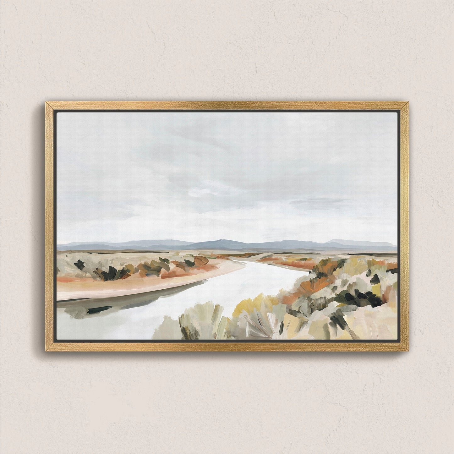 Mesa canvas print of a tranquil desert landscape with a flowing river in muted earth tones, framed in natural wood.