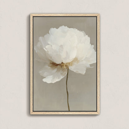 Numa Canvas Print featuring a single delicate white bloom in soft neutral tones with a natural wood frame, ideal for modern interiors.