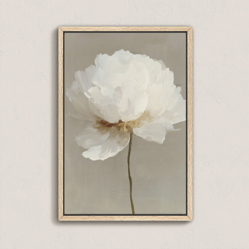 Numa Canvas Print featuring a single delicate white bloom in soft neutral tones with a natural wood frame, ideal for modern interiors.