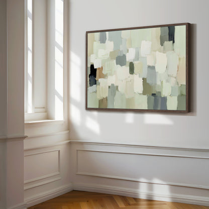 a large abstract painting hanging on a white wall in a room with a window.