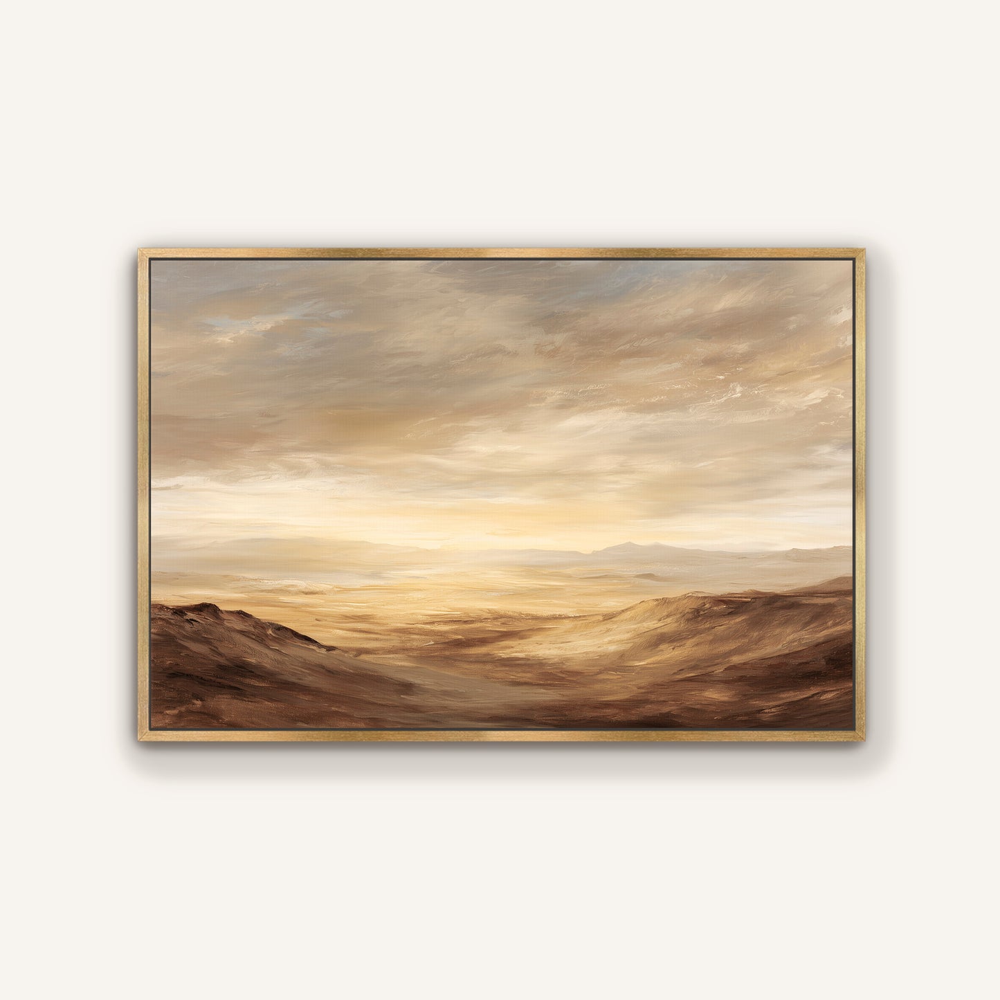 The image is a landscape painting depicting a vast, open desert with rolling hills and a cloudy sky in the background.