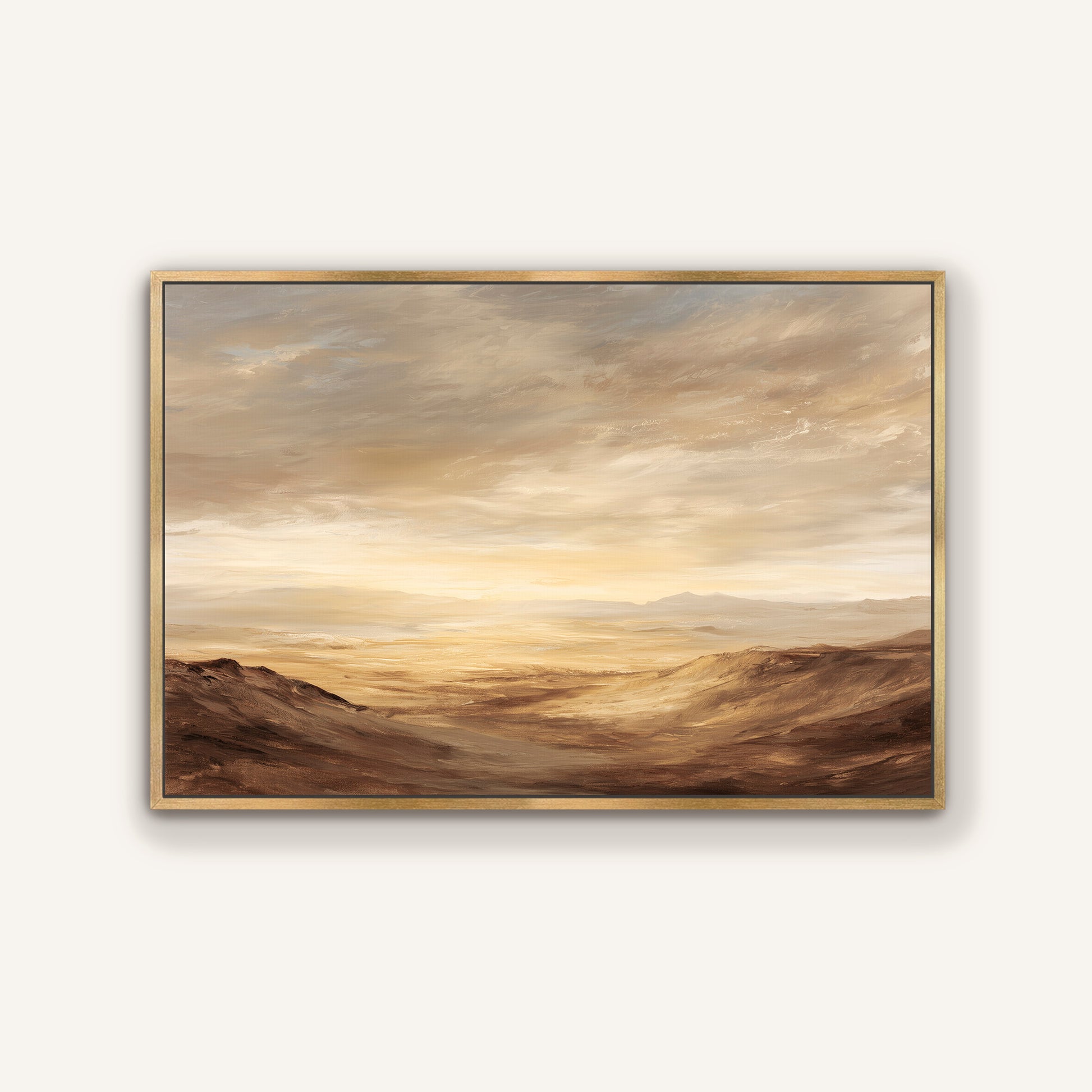 The image is a landscape painting depicting a vast, open desert with rolling hills and a cloudy sky in the background.