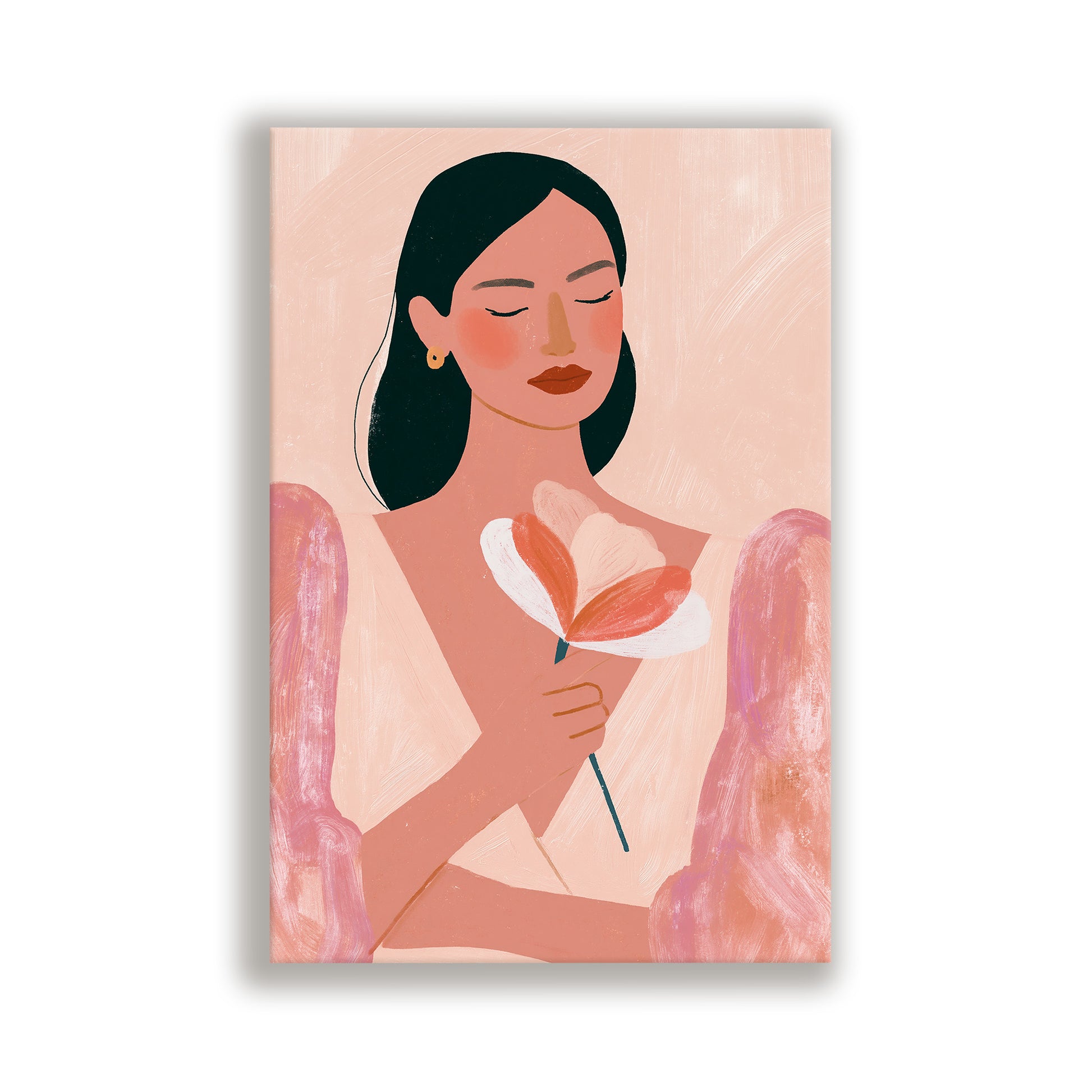 a woman holding a flower, with her eyes closed.