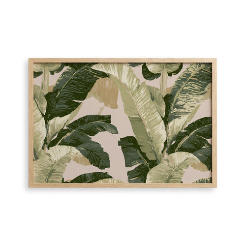 a large, lush green leaf pattern with a mix of dark and light green leaves, creating a tropical and vibrant visual effect.