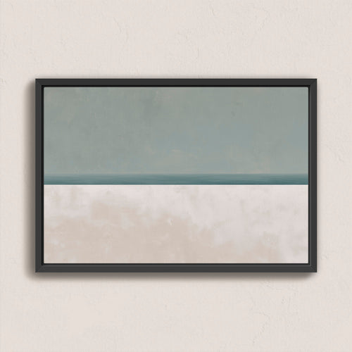Minimalist Azure canvas print in muted sage and sand tones framed in black, depicting sea and sky balance.