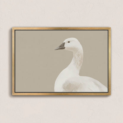 Grace Canvas Print featuring a minimalist white bird on a neutral background with a light wooden frame