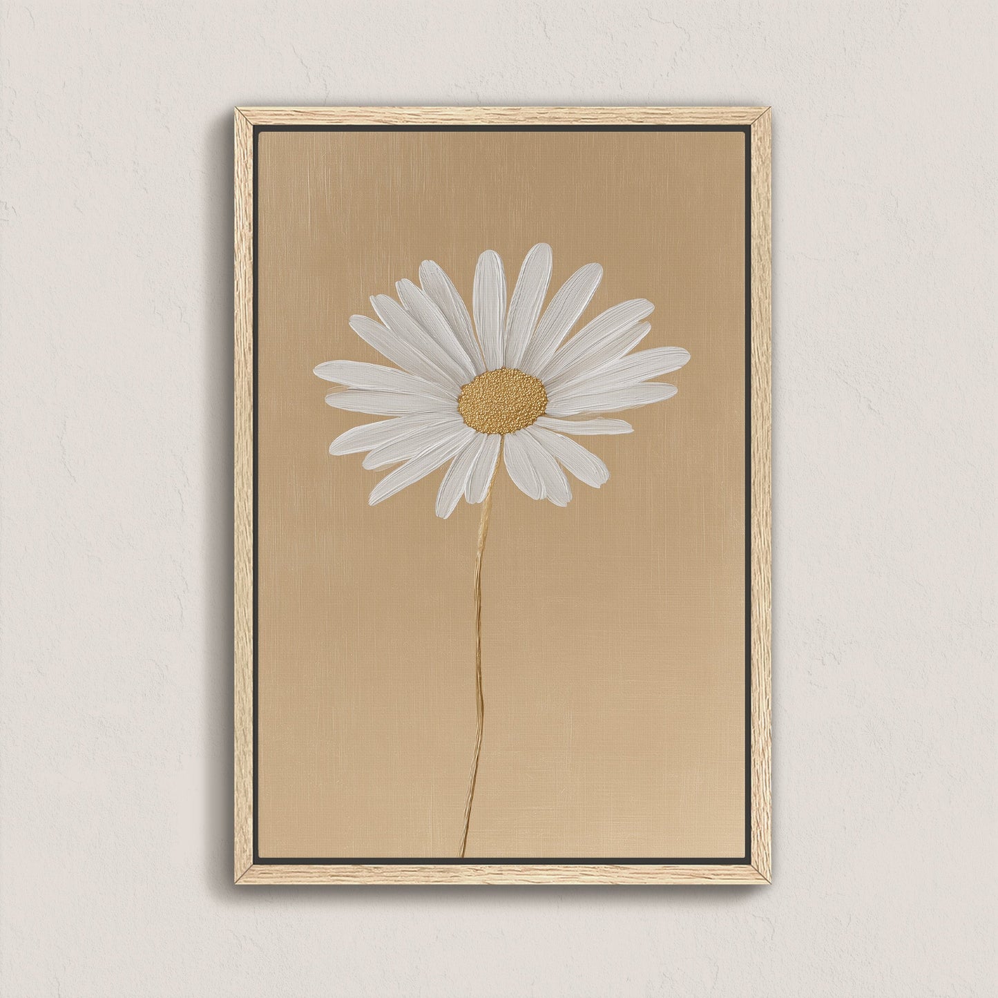 'Bloom' Canvas Print of a single white daisy on a golden-beige background with a natural wood frame, minimalist wall art.