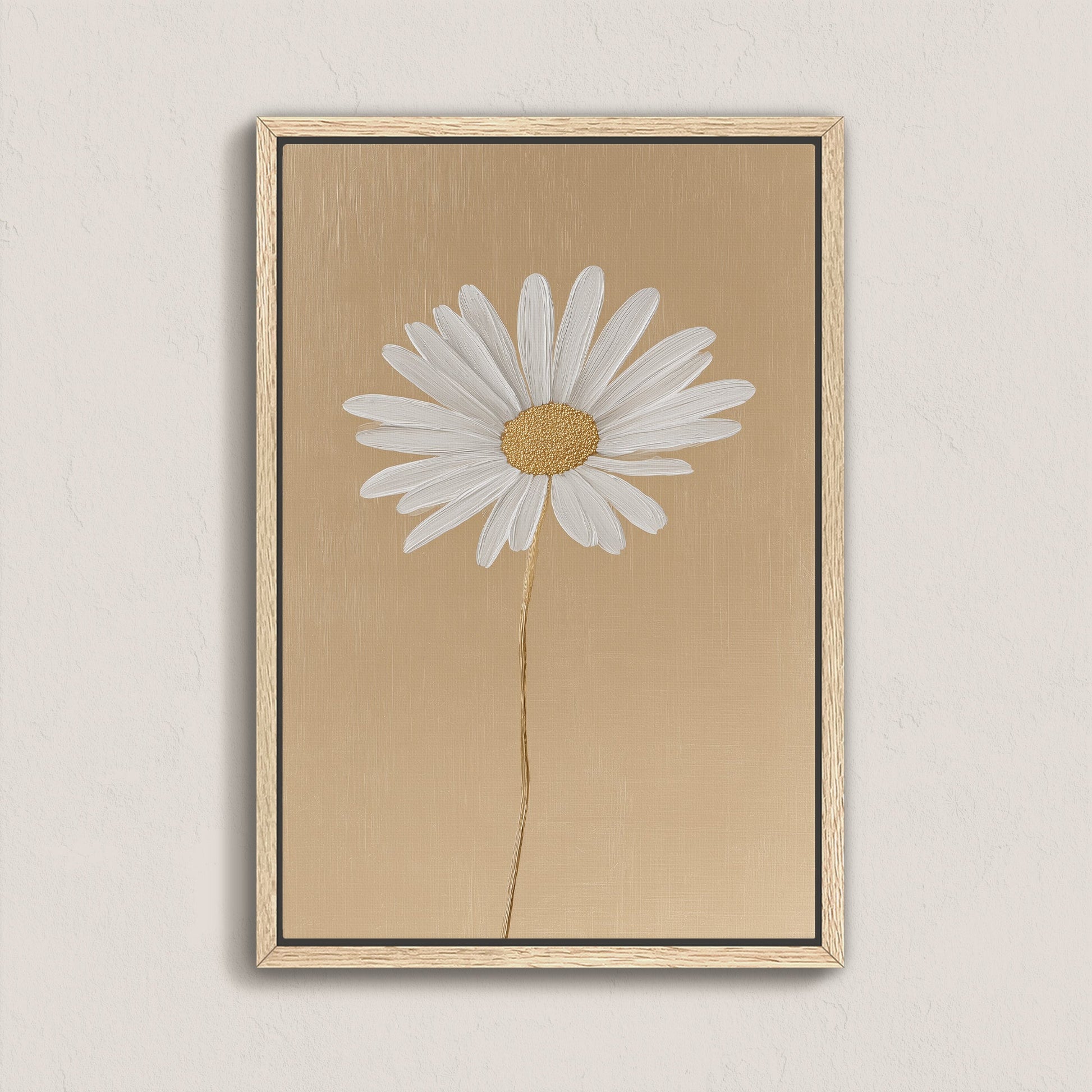 'Bloom' Canvas Print of a single white daisy on a golden-beige background with a natural wood frame, minimalist wall art.