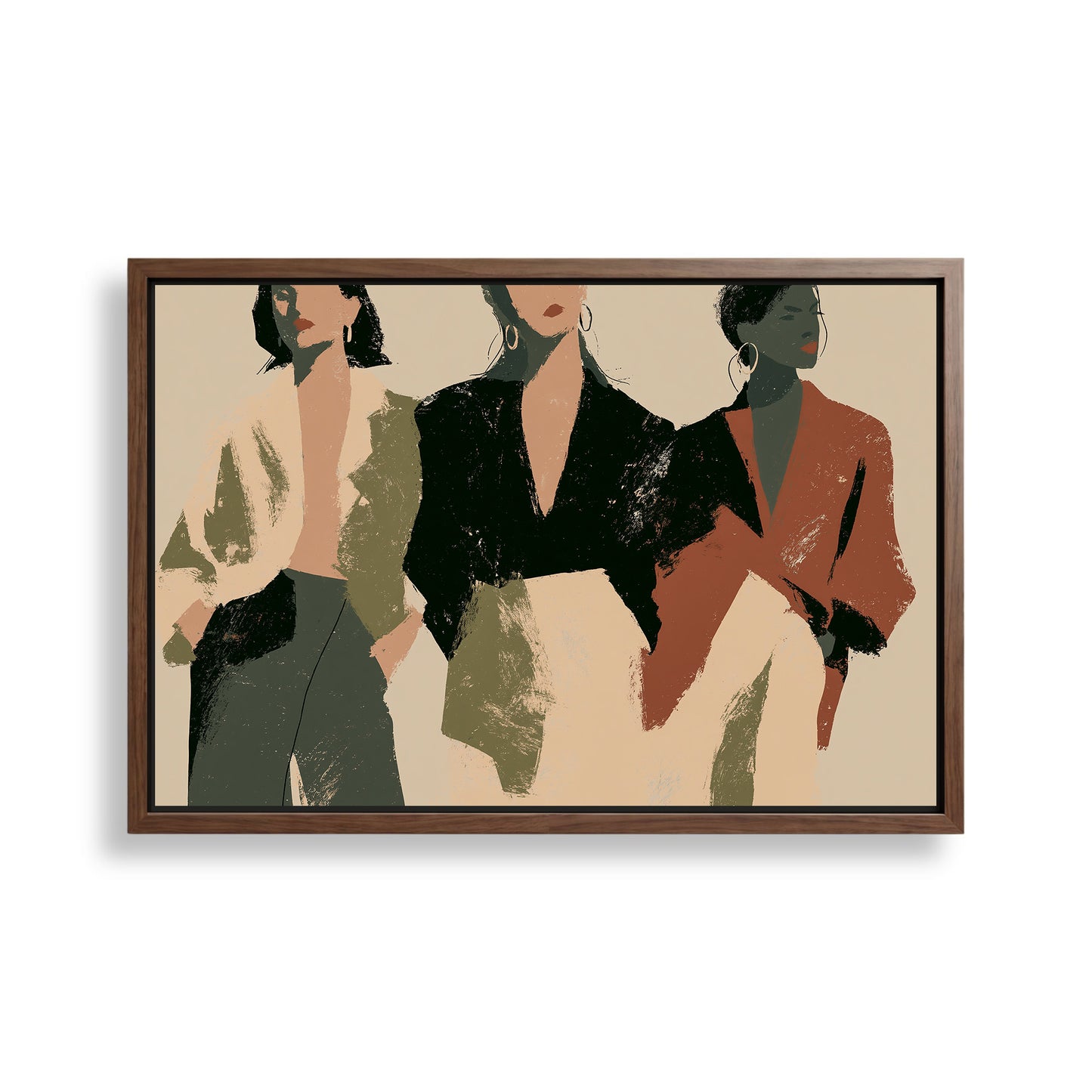 The image is a framed artwork depicting three stylized human figures in different outfits, arranged in a grid-like pattern.