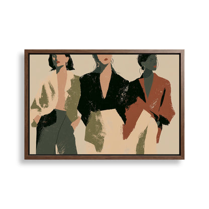 The image is a framed artwork depicting three stylized human figures in different outfits, arranged in a grid-like pattern.
