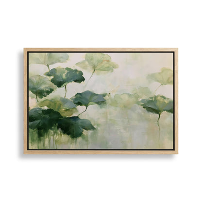 The image is a painting of green leaves and flowers, with a soft, blurred background that creates a serene and natural atmosphere.