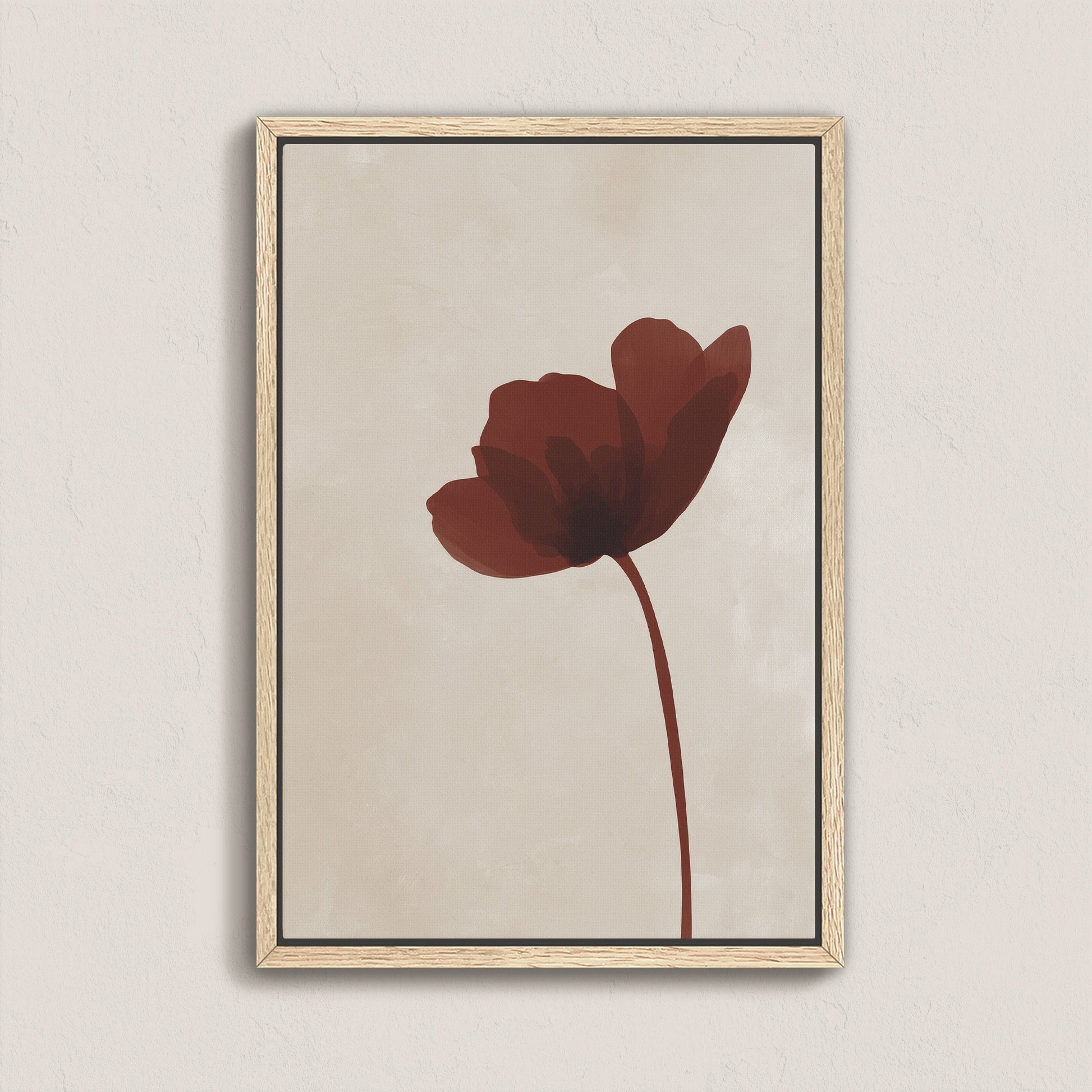 Minimalist Stem Canvas Print featuring a single burgundy flower on a neutral background in a natural wood frame