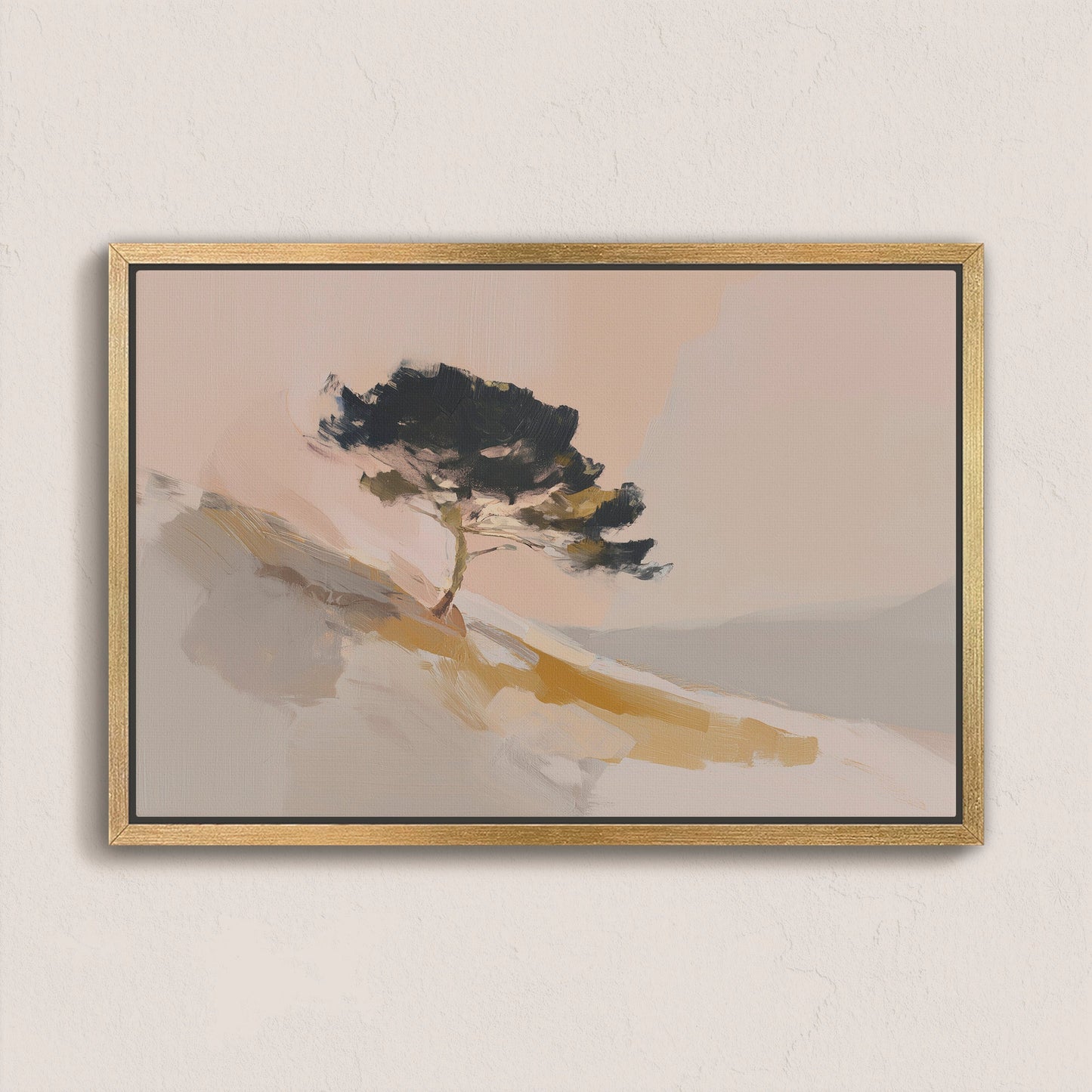 Arbor Canvas Wall Art featuring a lone pine tree on a sunlit hillside with warm, neutral tones in a minimalist style