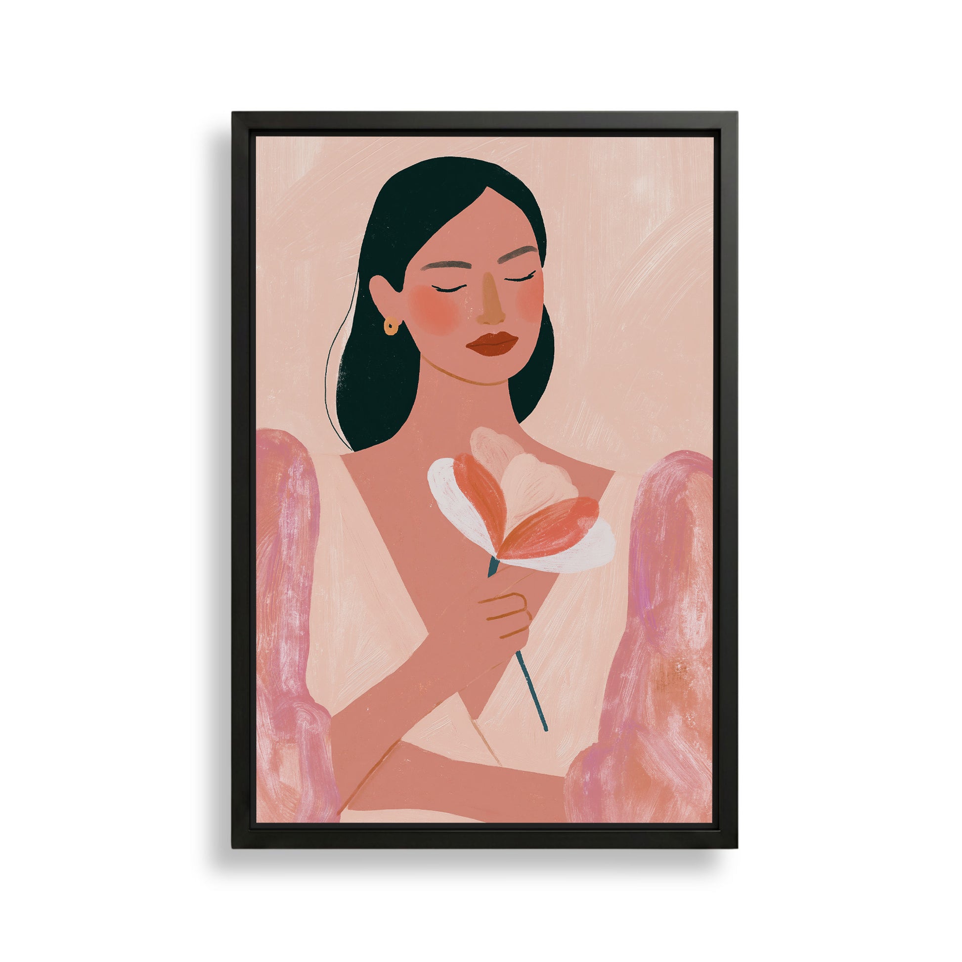 The image is a framed illustration of a woman holding a flower.
