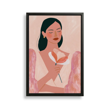 The image is a framed illustration of a woman holding a flower.