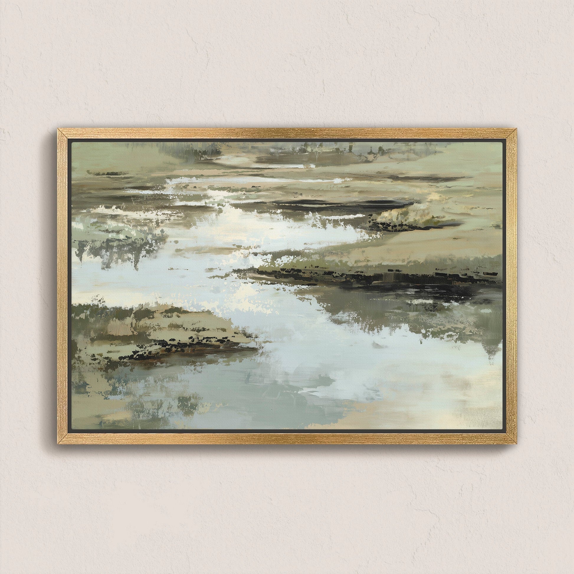 Reed Canvas Print abstract landscape in sage, sand, and ivory tones with natural wood frame