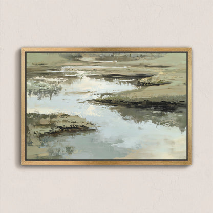 Reed Canvas Print abstract landscape in sage, sand, and ivory tones with natural wood frame