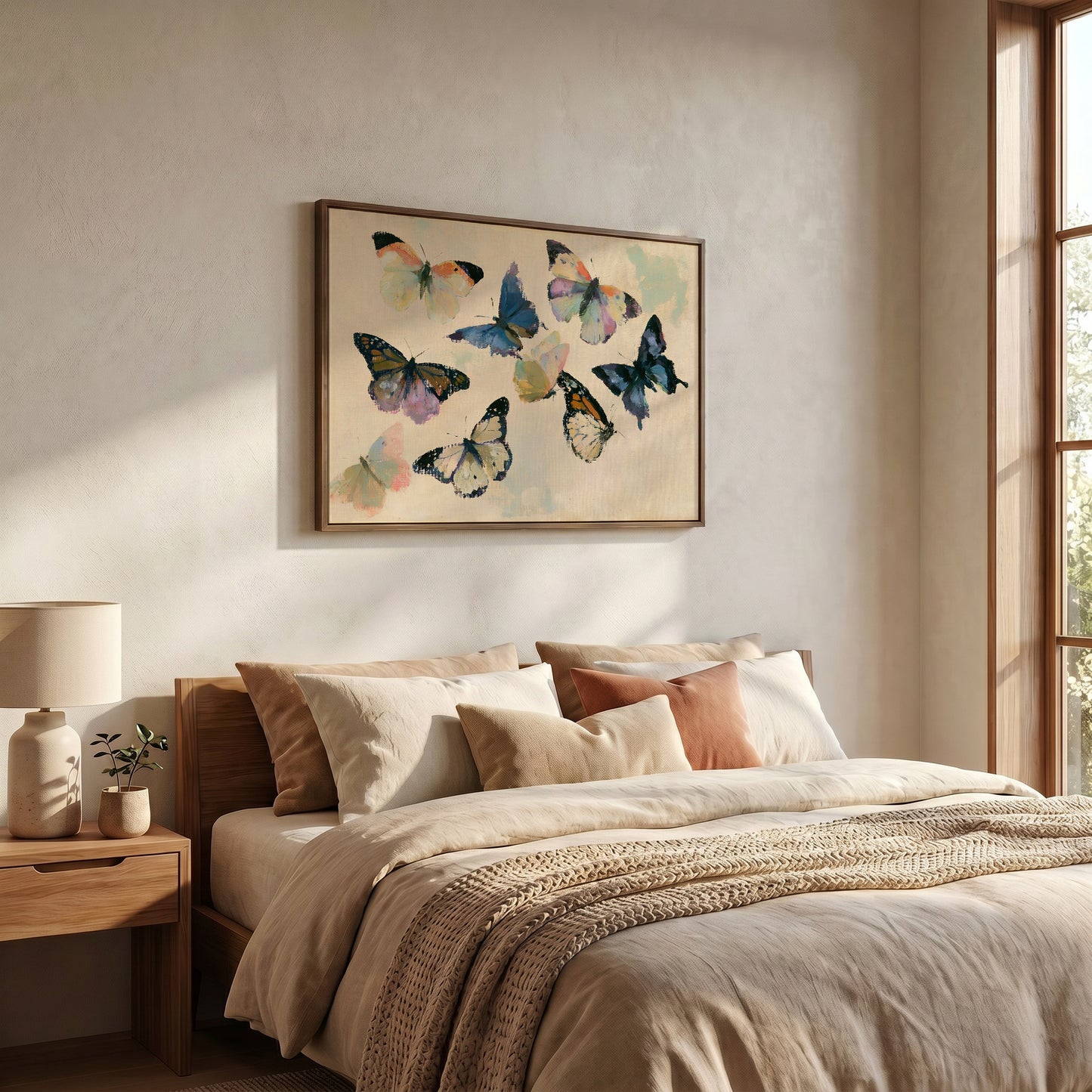 a serene bedroom scene with a large bed adorned with beige bedding and a framed painting of colorful butterflies hanging above it.