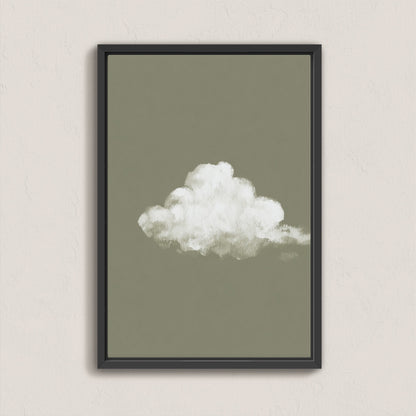 Minimalist 'Trace' canvas print featuring a single white cloud on a muted sage background in a black floating frame