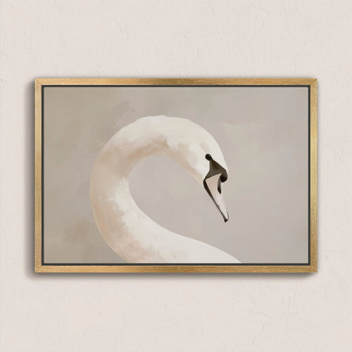 Minimalist Lumine canvas print featuring a graceful swan in soft muted tones with a natural wood frame