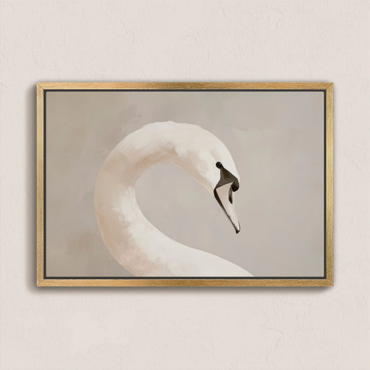 Minimalist Lumine canvas print featuring a graceful swan in soft muted tones with a natural wood frame