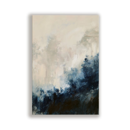 The image is an abstract painting with a predominantly blue and white color palette, featuring a landscape scene with clouds and foliage.