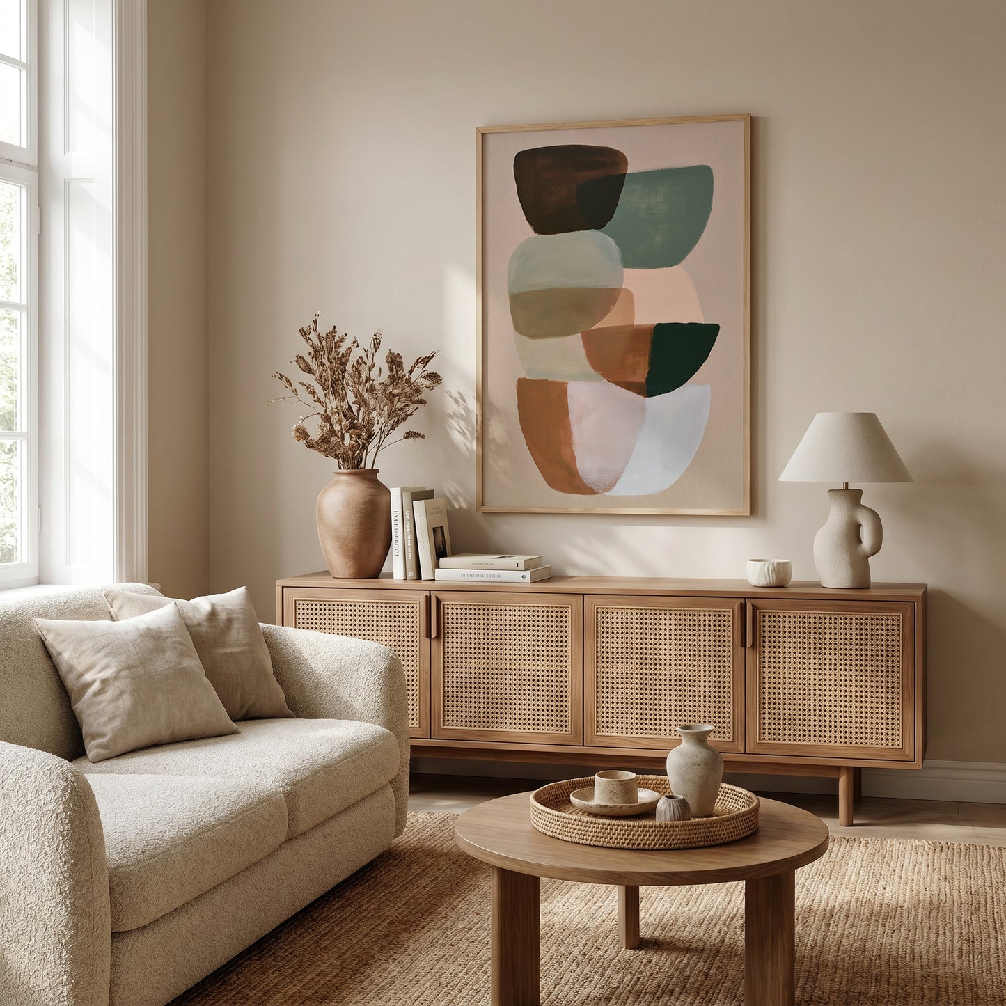 a cozy living room with a beige sofa, a wooden sideboard, and a large abstract painting on the wall.