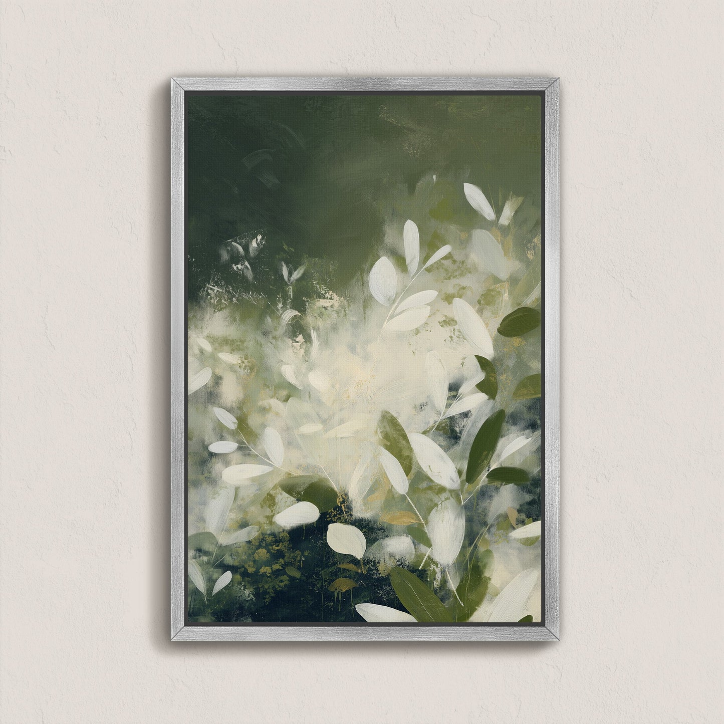 Verdure Canvas Wall Art featuring soft ivory leaves and deep green tones in a framed modern botanical design