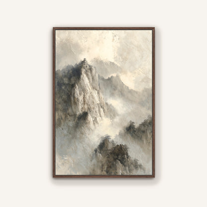 The image is a framed painting depicting a mountainous landscape with a temple perched on a cliff.