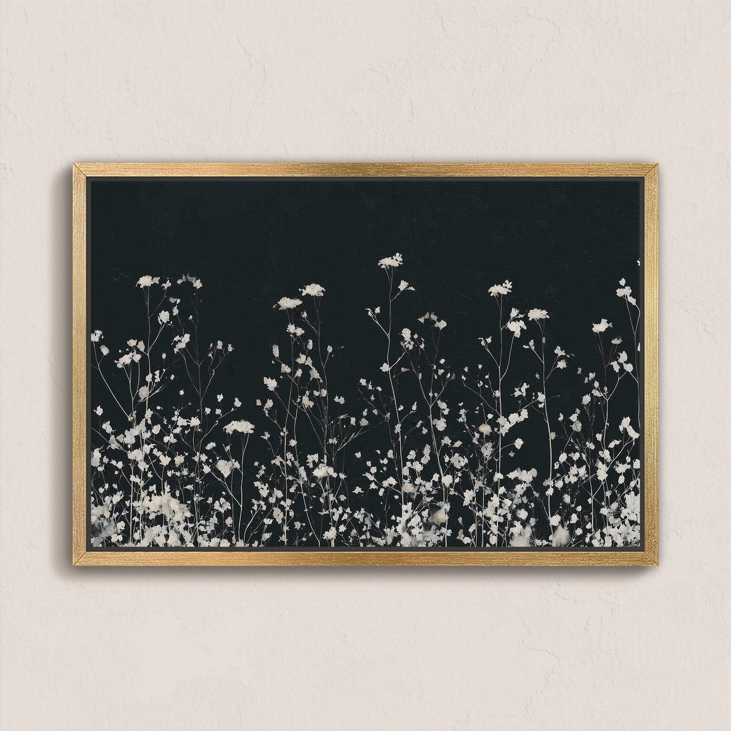 Noiré Canvas Wall Art featuring delicate white florals on deep charcoal background in a natural wood frame