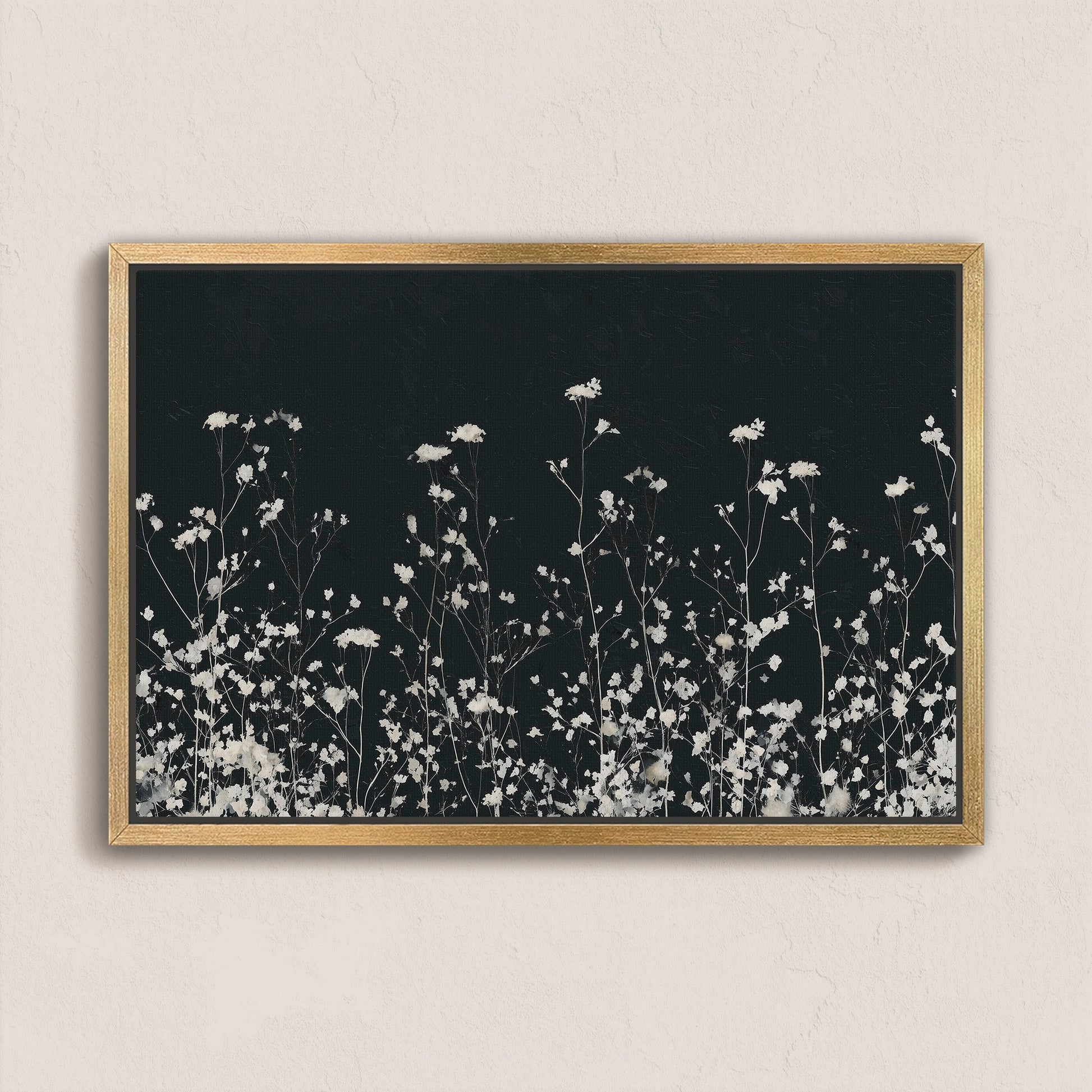 Noiré Canvas Wall Art featuring delicate white florals on deep charcoal background in a natural wood frame