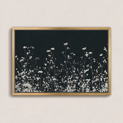 Noiré Canvas Wall Art featuring delicate white florals on deep charcoal background in a natural wood frame