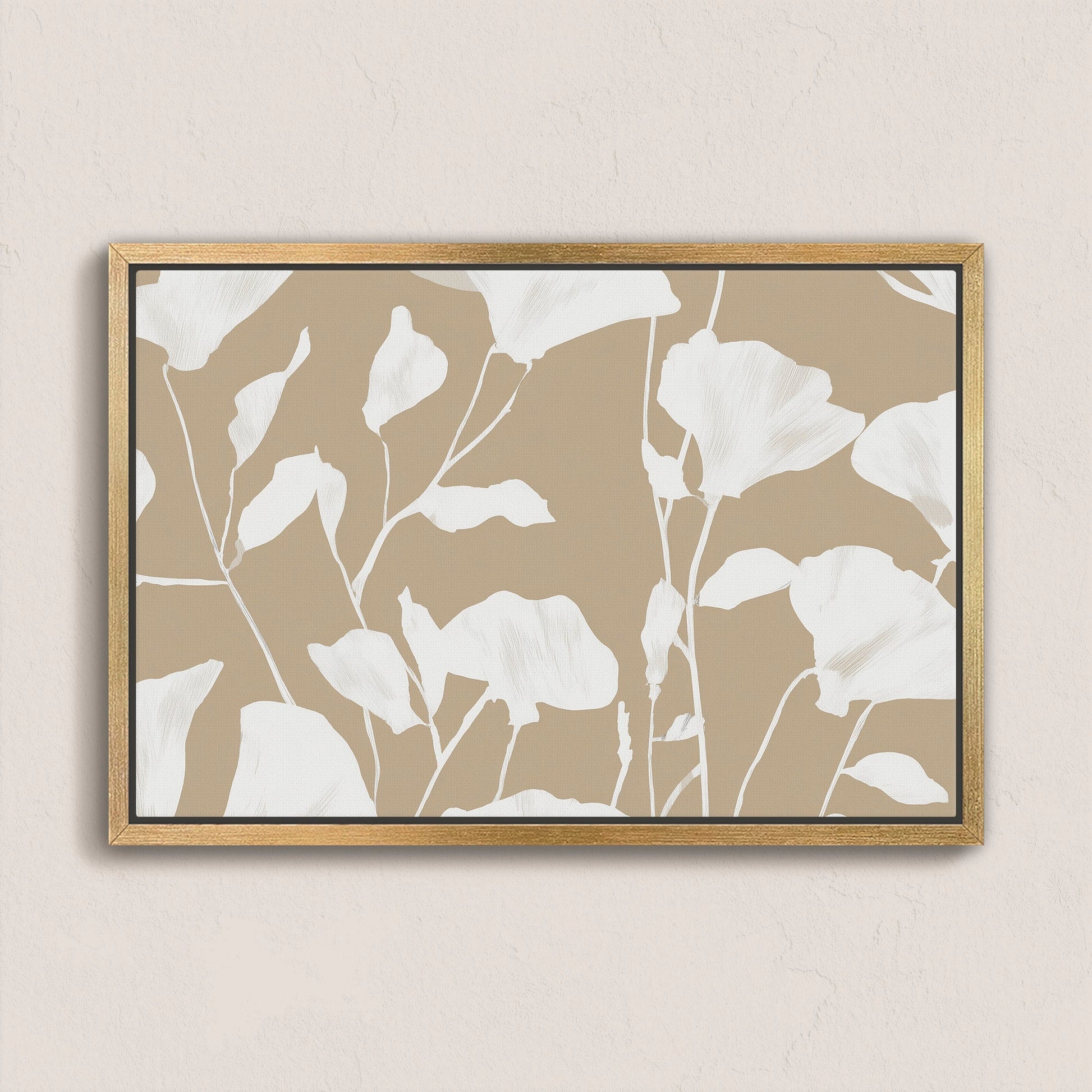 Driftleaf canvas print with white floral silhouettes on beige background in natural wood frame