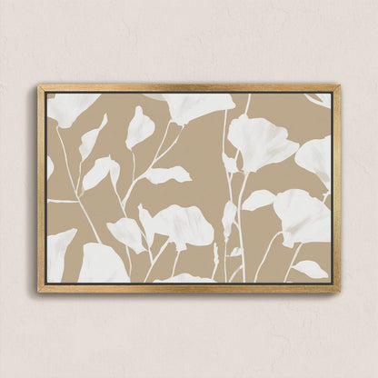 Driftleaf canvas print with white floral silhouettes on beige background in natural wood frame