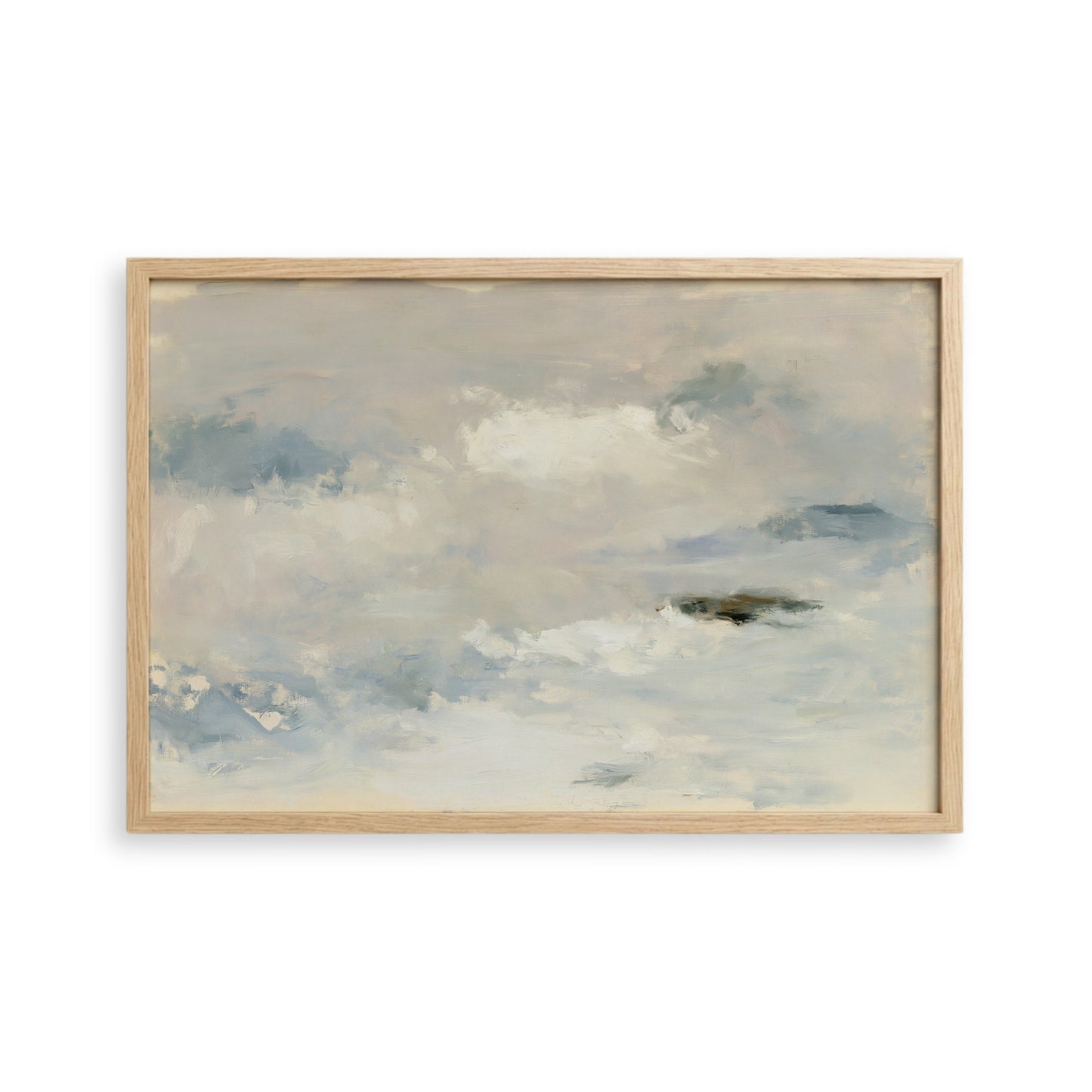 The image is a framed abstract painting depicting a cloudy sky with a sense of tranquility and serenity.