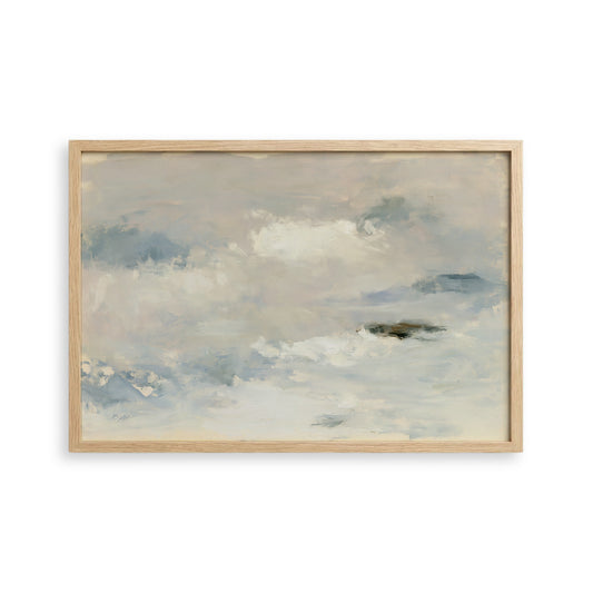 The image is a framed abstract painting depicting a cloudy sky with a sense of tranquility and serenity.