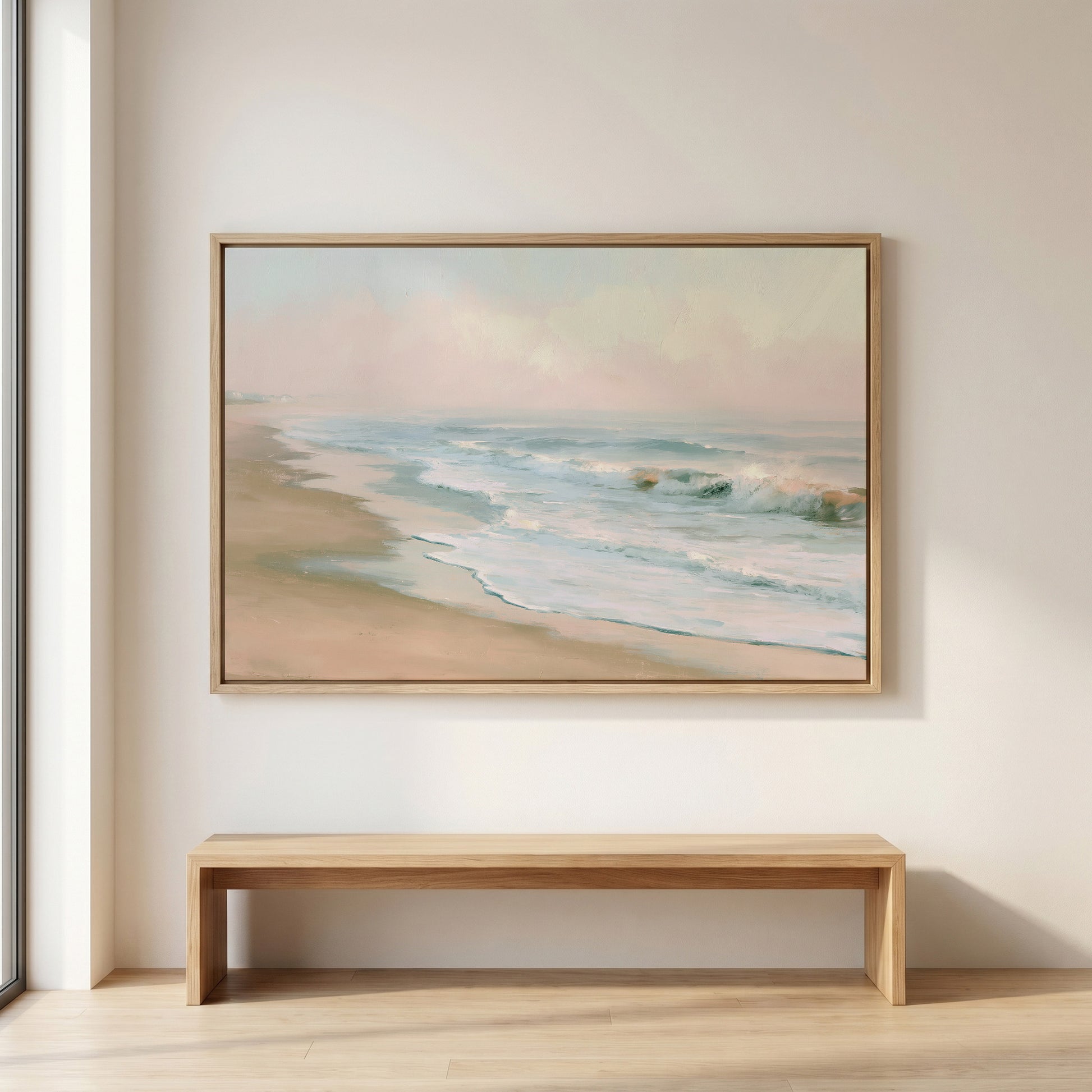 a large painting of a beach scene hanging on a wall above a wooden bench.